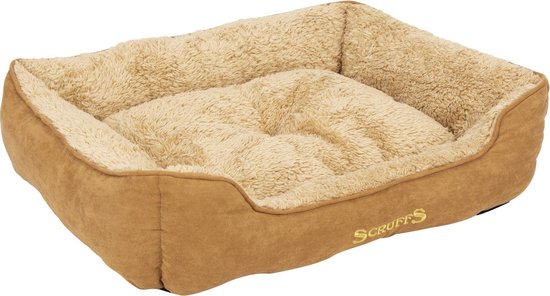 Bruine hondenmand met beige pluche voering en opstaande rand.