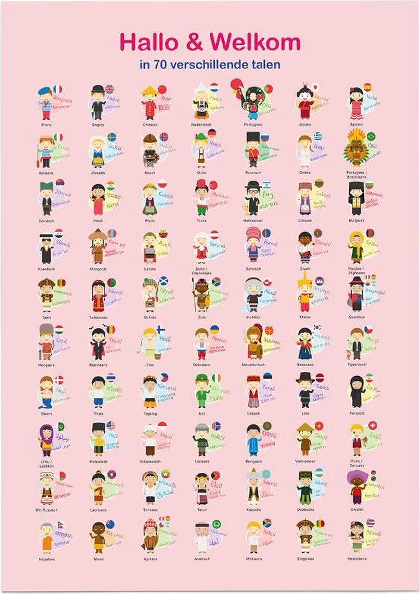 eduposters Educatieve poster (Posterpapier) - Hallo & welkom in 70 talen - 29.7 x 42 cm (A3) Beige