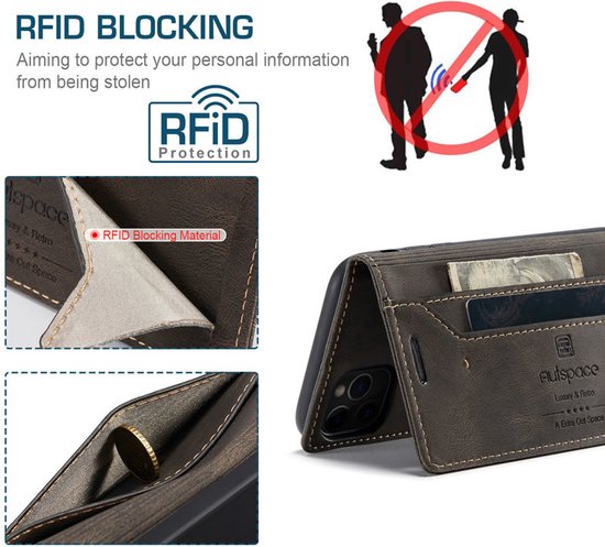 AutSpace - Etui iPhone 11 Pro Max - Etui portefeuille - Fermeture magnétique - avec protection RFID - Marron