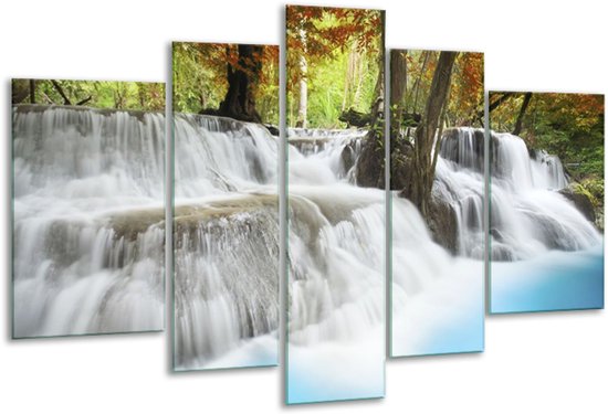 Glasschilderij Waterval - Blauw, Bruin, Grijs - 170x100cm 5Luik - Foto Op Glas - Geen Acrylglas Schilderij - 6000+ Glasschilderijen Collectie - Wanddecoratie