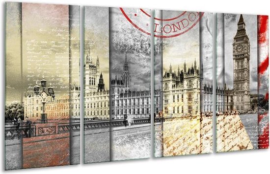 GroepArt - Glasschilderij - Engeland, London - Grijs, Crème, Rood - 160x80cm 4Luik - Foto Op Glas - Geen Acrylglas Schilderij - 6000+ Glasschilderijen Collectie - Wanddecoratie