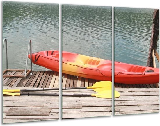 Glasschilderij Boot, Water - Geel, Oranje, Grijs - 120x80cm 3Luik - Foto Op Glas - Geen Acrylglas Schilderij - GroepArt 6000+ Glas Art Collectie - Maatwerk Mogelijk
