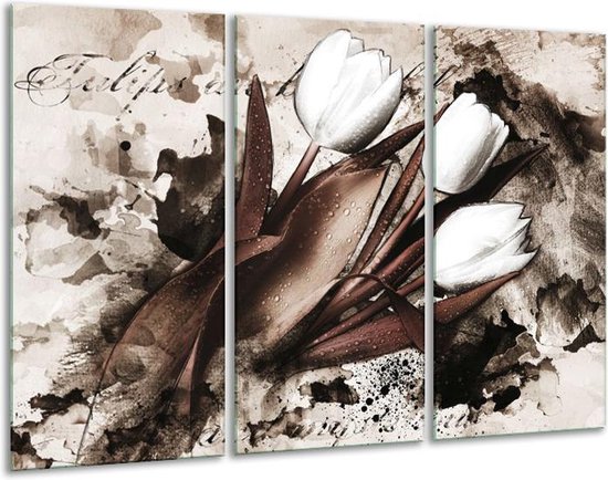GroepArt - Schilderij -  Tulpen - Bruin, Zwart, Wit - 120x80cm 3Luik - 6000+ Schilderijen 0p Canvas Art Collectie