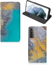 Hoesje Geschikt voor Samsung Galaxy S21 FE Flip Case Marble Blue Gold