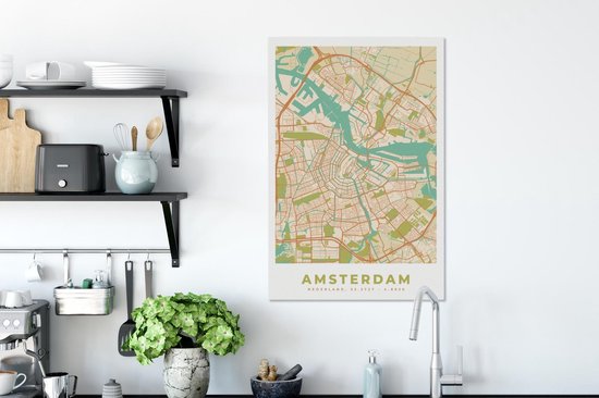 Peinture sur Toile City Map - Amsterdam - Vintage - 40x60 cm - Décoration murale - Carte