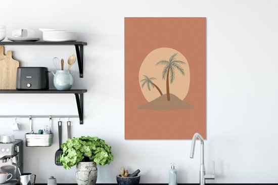 Toile Peinture Palmier - Pastel - Rouge - Soleil - 60x90 cm - Décoration murale