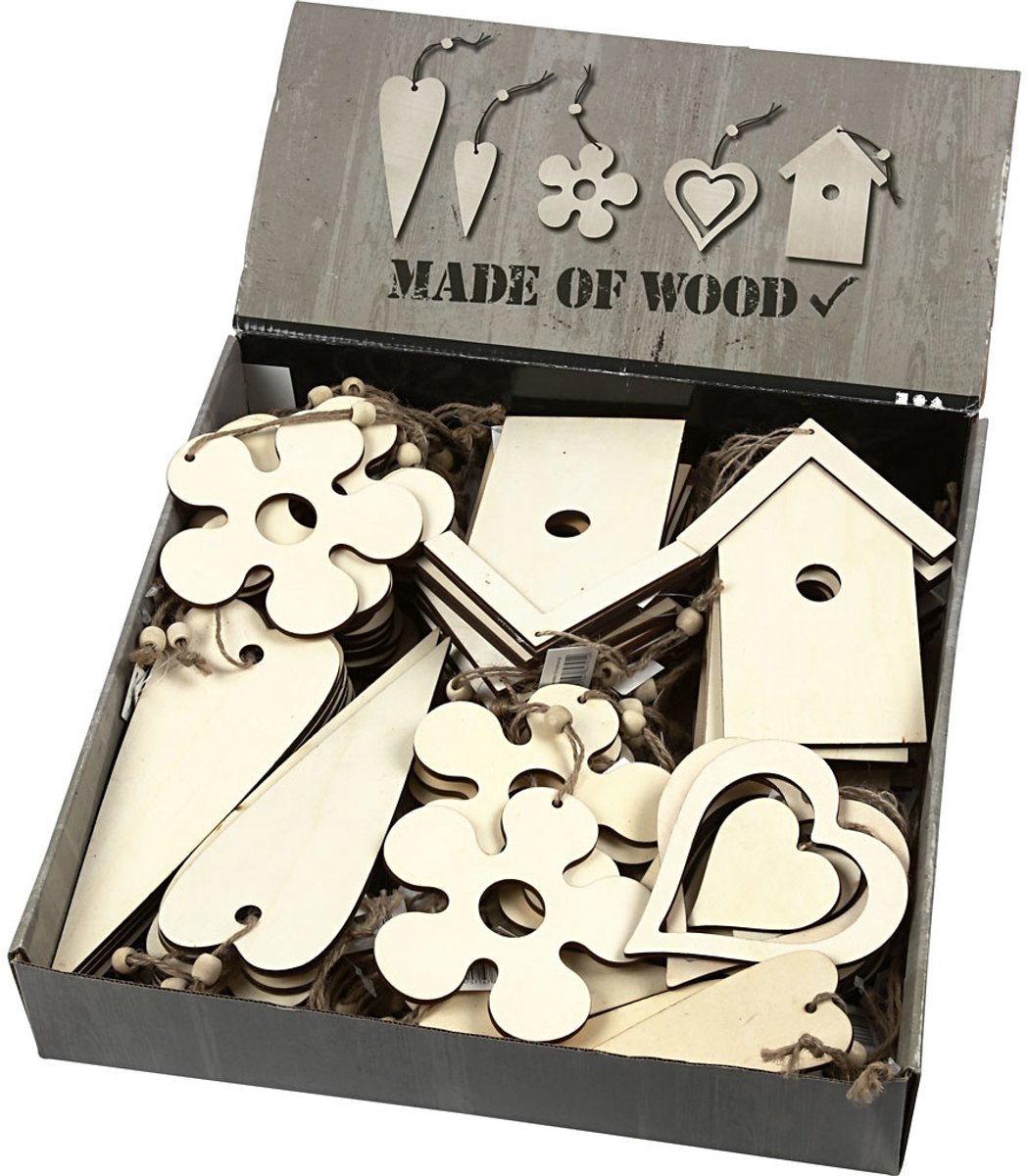 Houten decoraties, afm 6,5-21,5 cm, dikte 5 mm, 100 stuk/ 1 doos