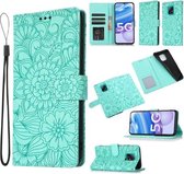 Voor Xiaomi Redmi 10X 5G Huid Voelen Reliëf Zonnebloem Horizontale Flip Lederen Case met Houder & Kaartsleuven & Portemonnee & Lanyard (Groen)