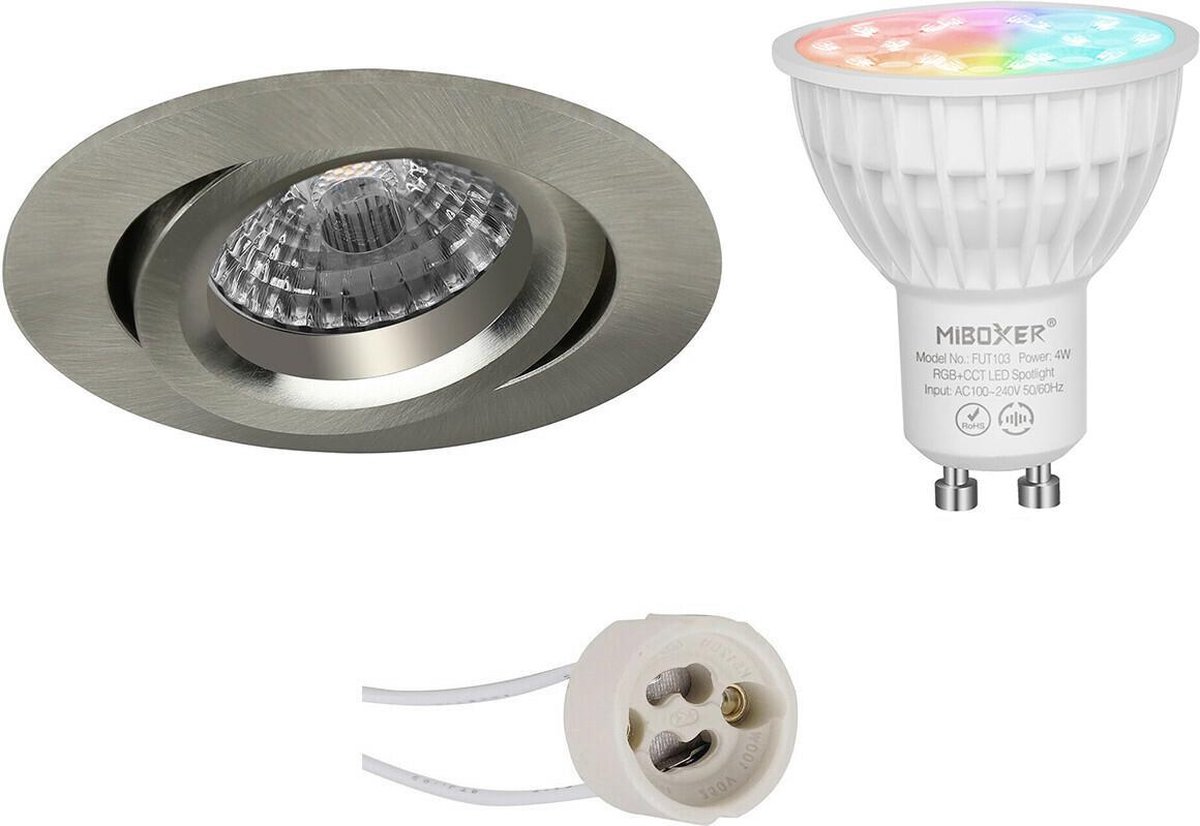 Mi-Light MiBoxer - LED Spot Set GU10 - Smart LED - Wifi LED - Slimme LED - 4W - RGB+CCT - Aanpasbare Kleur - Dimbaar - Proma Aerony Pro - Inbouw Rond - Mat Nikkel - Kantelbaar - Ø82mm