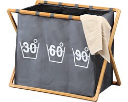 Wassorteerder 3 Vakken - Wasmand FSC® Bamboe houten Frame - Sorteer op 30° 60° 90° - Grote opvouwbare wasmand met 3 Vakken - 141 L