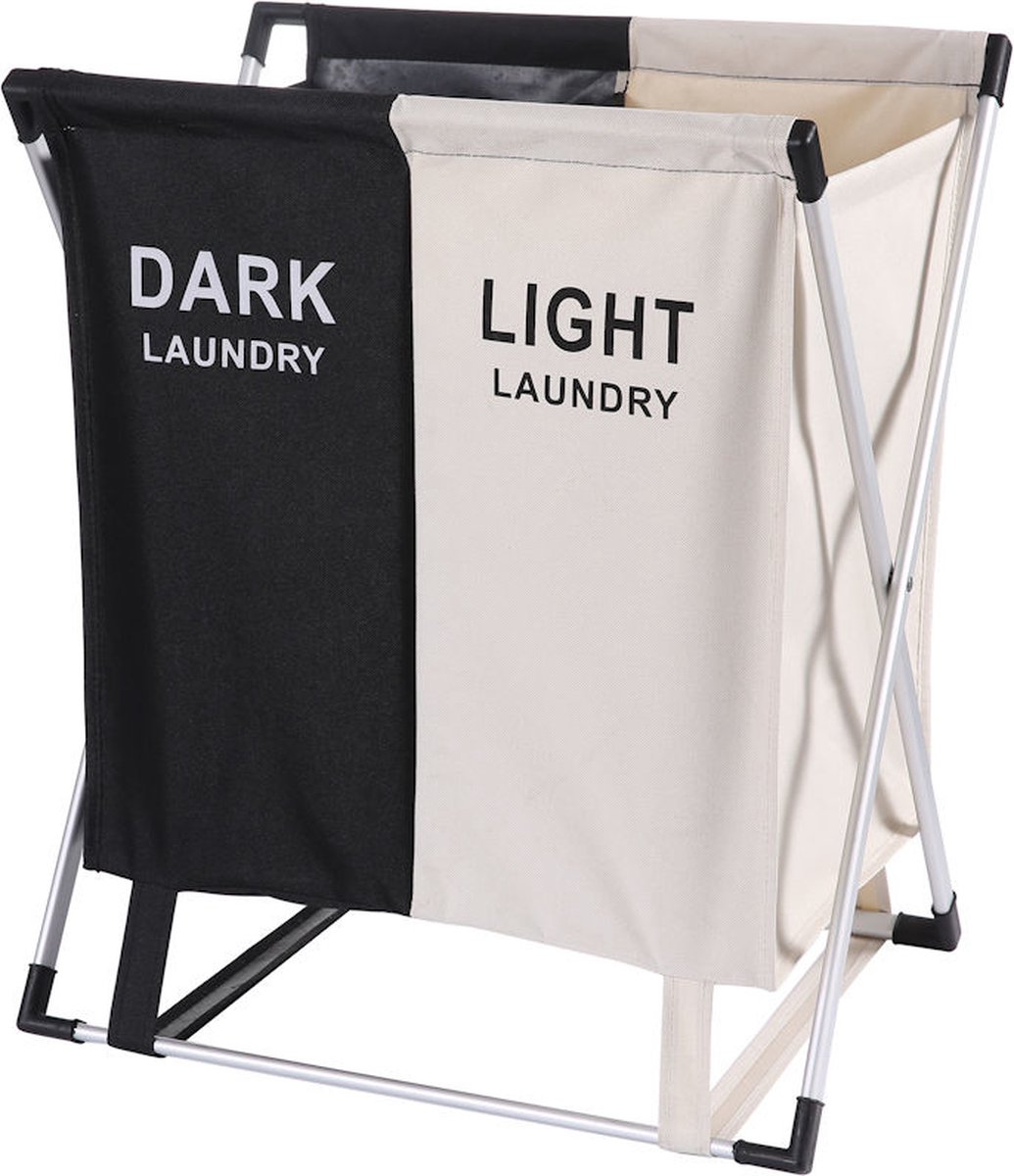 Goedkoopste Wassorteerder - 60 L - Wasmand 2 Vakken - Opvouwbare Wasmanden - Wassorteerder 2 vaks - Aluminium Frame - Zwart - Wit