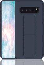 Voor Galaxy S10 schokbestendige pc + TPU beschermhoes met polsband en houder (donkerblauw)