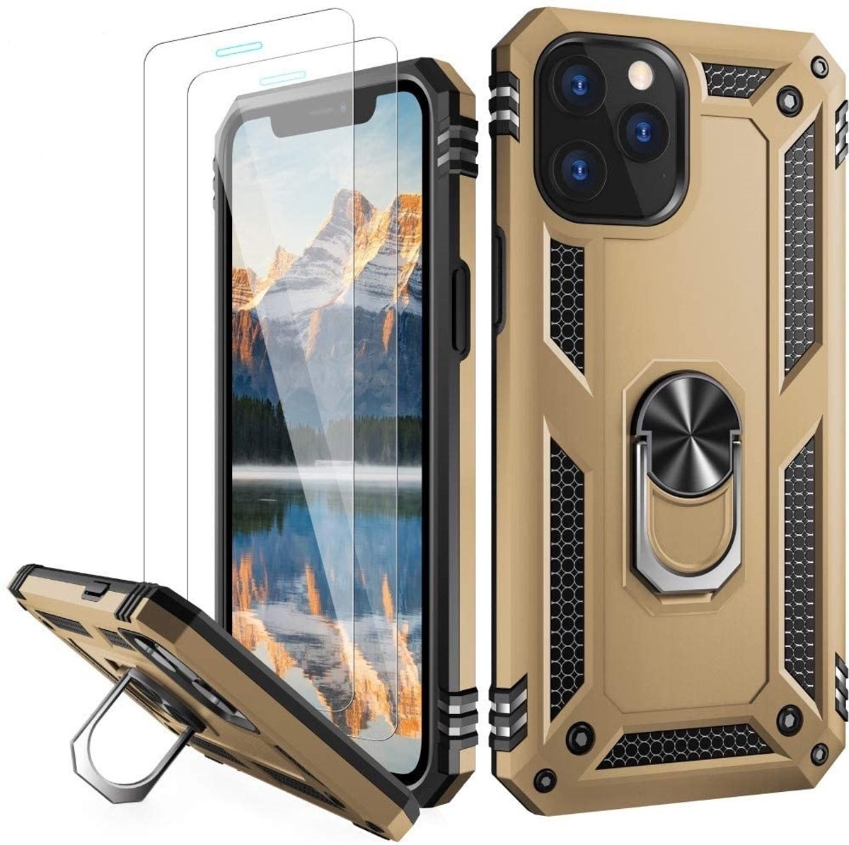 BixB iPhone 12 Pro Max Hoesje ring houder armor Hard backcover Goud + 2 Stuks screenprotector