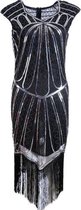 Dames jurk met lovertjes, ronde hals en korte mouwen (Black Silver_XL)-Geen
