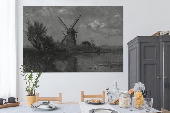 Canvas schilderij 180x120 cm - Wanddecoratie Molen bij een plas in zwart wit - Schilderij van Paul Joseph Constantin - Muurdecoratie woonkamer - Slaapkamer decoratie - Kamer accessoires - Schilderijen op canvas