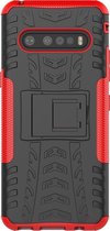 Mobigear Hoesje geschikt voor LG V60 ThinQ Telefoonhoesje Hardcase | Mobigear Tire Backcover Shockproof met Standaard | Schokbestendig V60 ThinQ Telefoonhoesje | Anti Shock Proof - Zwart /Rood | Zwart,rood