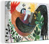 Illustration d'un coq et d'un enfant 80x60 cm - Tirage photo sur toile (Décoration murale salon / chambre) / Peintures sur toile Animaux de la ferme