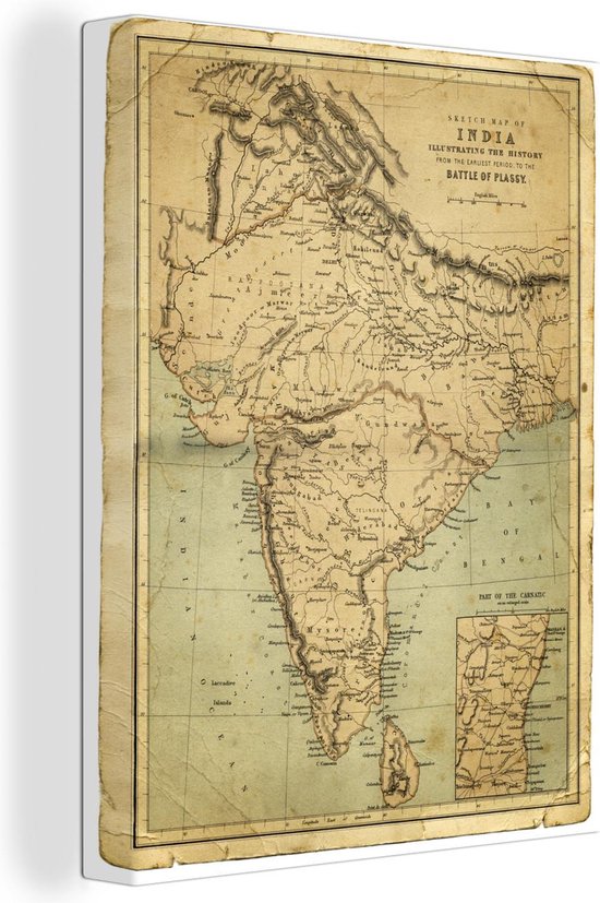 Canvas Schilderij Een illustratie van een historische kaart van India - 90x120 cm - Wanddecoratie