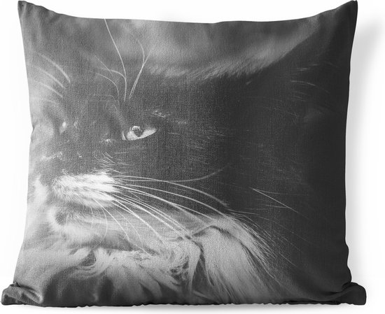 Buitenkussens - Tuin - Dierenprofiel opzij kijkende kat in zwart-wit - 50x50 cm