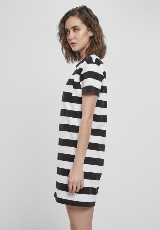 Women's Striped Boxy Tee Dress - Black & White, Casual Loose Fit, Crew Neck