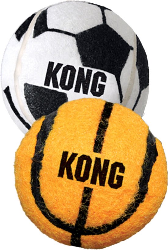Een oranje KONG-bal met zwarte strepen en een zwart-wit KONG-voetbal, op elkaar gestapeld.