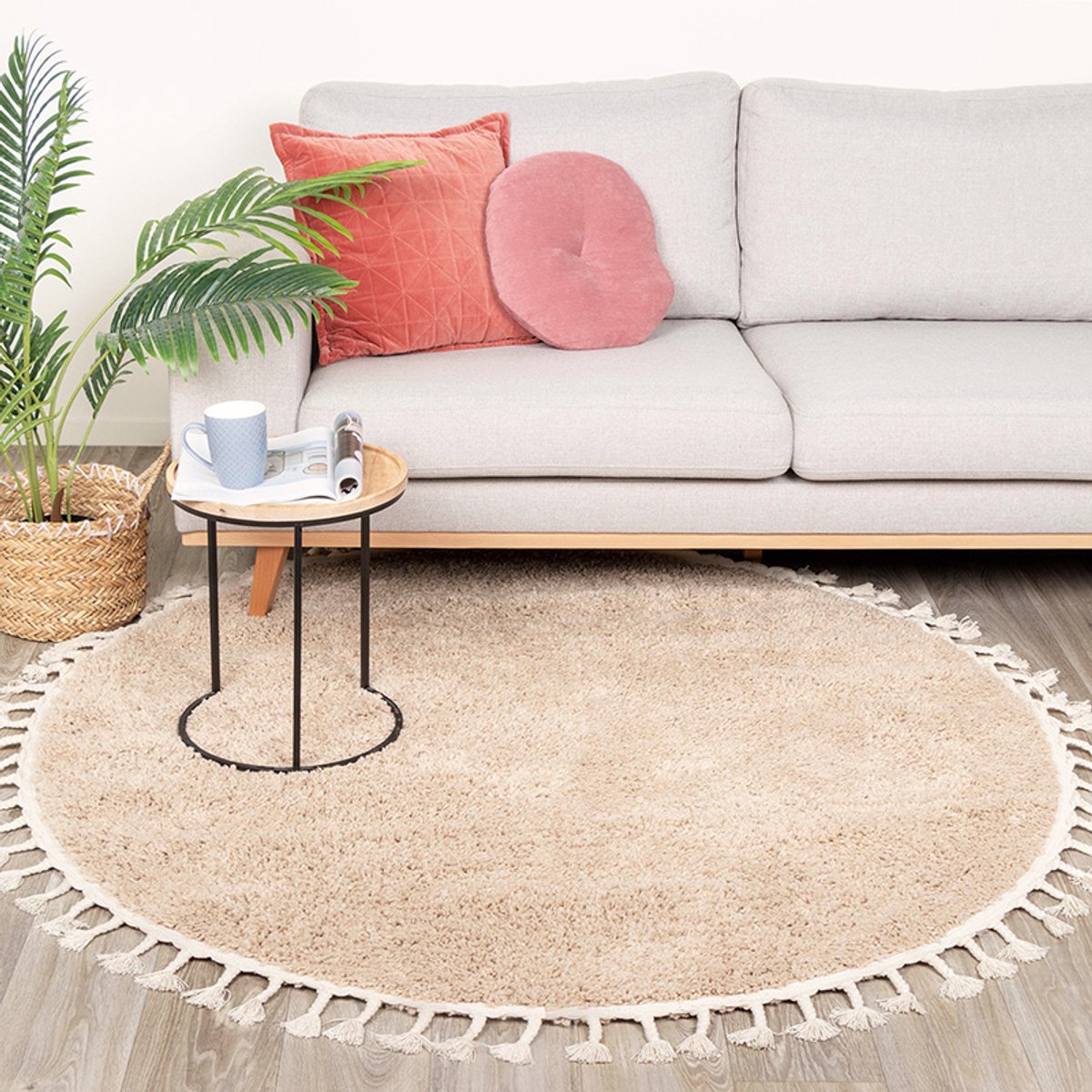 NATURL. Rond hoogpolig vloerkleed - Lofty Fringe Beige - Ø 150cm