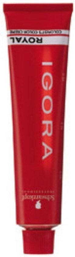 Rode tube IGORA ROYAL haarverf met witte dop en productinformatie op de achtergrond.