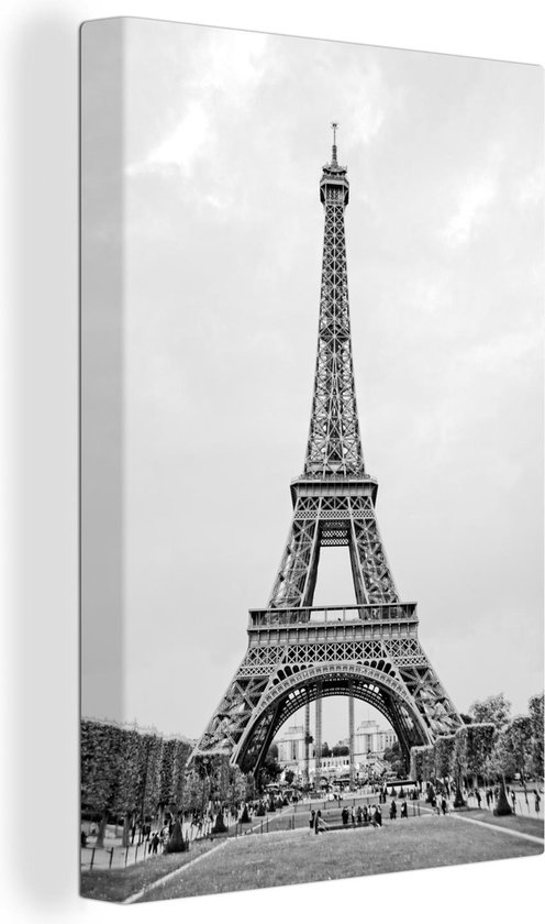 Canvas schilderij 90x140 cm - Wanddecoratie Zwart-Wit foto van de Eiffeltoren - Muurdecoratie woonkamer - Slaapkamer decoratie - Kamer accessoires - Schilderijen