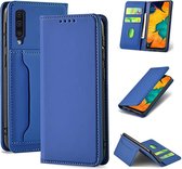 Voor Samsung Galaxy A30 Sterk magnetisme Vloeibaar gevoel Horizontale flip lederen tas met houder & kaartsleuven en portemonnee (blauw)