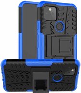 Voor Google Pixel 5 Tyre Texture Shockproof TPU + PC beschermhoes met houder (blauw)