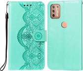 Voor Motorola Moto G9 Plus Flower Vine Embossing Pattern Horizontale Flip Leather Case met Card Slot & Holder & Wallet & Lanyard (Green)