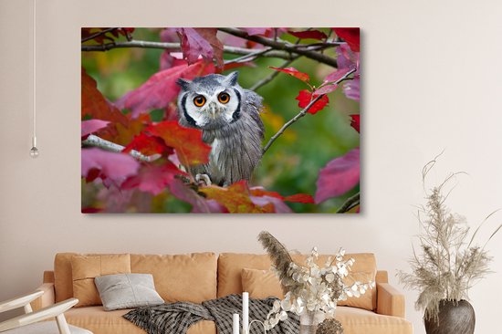 Canvas schilderij 150x100 cm - Wanddecoratie Uil - Vogel - Bladeren - Herfst - Muurdecoratie woonkamer - Slaapkamer decoratie - Kamer accessoires - Schilderijen