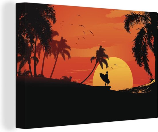 Canvas Schilderij Tropische illustratie van een surfer bij zonsondergang - 60x40 cm - Wanddecoratie