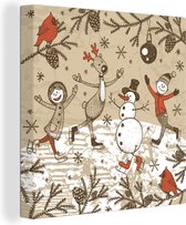 Canvas Schilderij Illustratie - Kerst - Sneeuwpop - 50x50 cm - Wanddecoratie