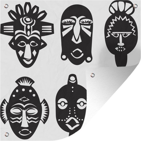 Tuinposters Zwart-wit tekening van Afrikaanse maskers - 50x50 cm - Tuindoek  - Buitenposter | bol.com