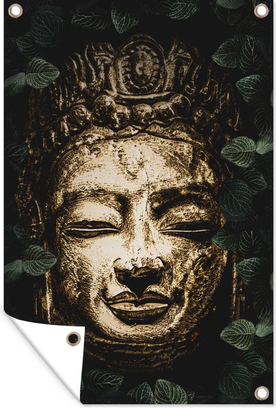 Tuindecoratie Koper - Buddha - Bladeren - 40x60 cm - Tuinposter - Tuindoek - Buitenposter