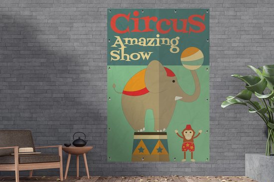 Tuinposter 120x180 cm - Tuindecoratie Circus" met olifant en aap op een groene achtergrond - Poster voor in de tuin - Buiten decoratie - Schutting tuinschilderij - Tuindoek muurdecoratie - Wanddecoratie balkondoek