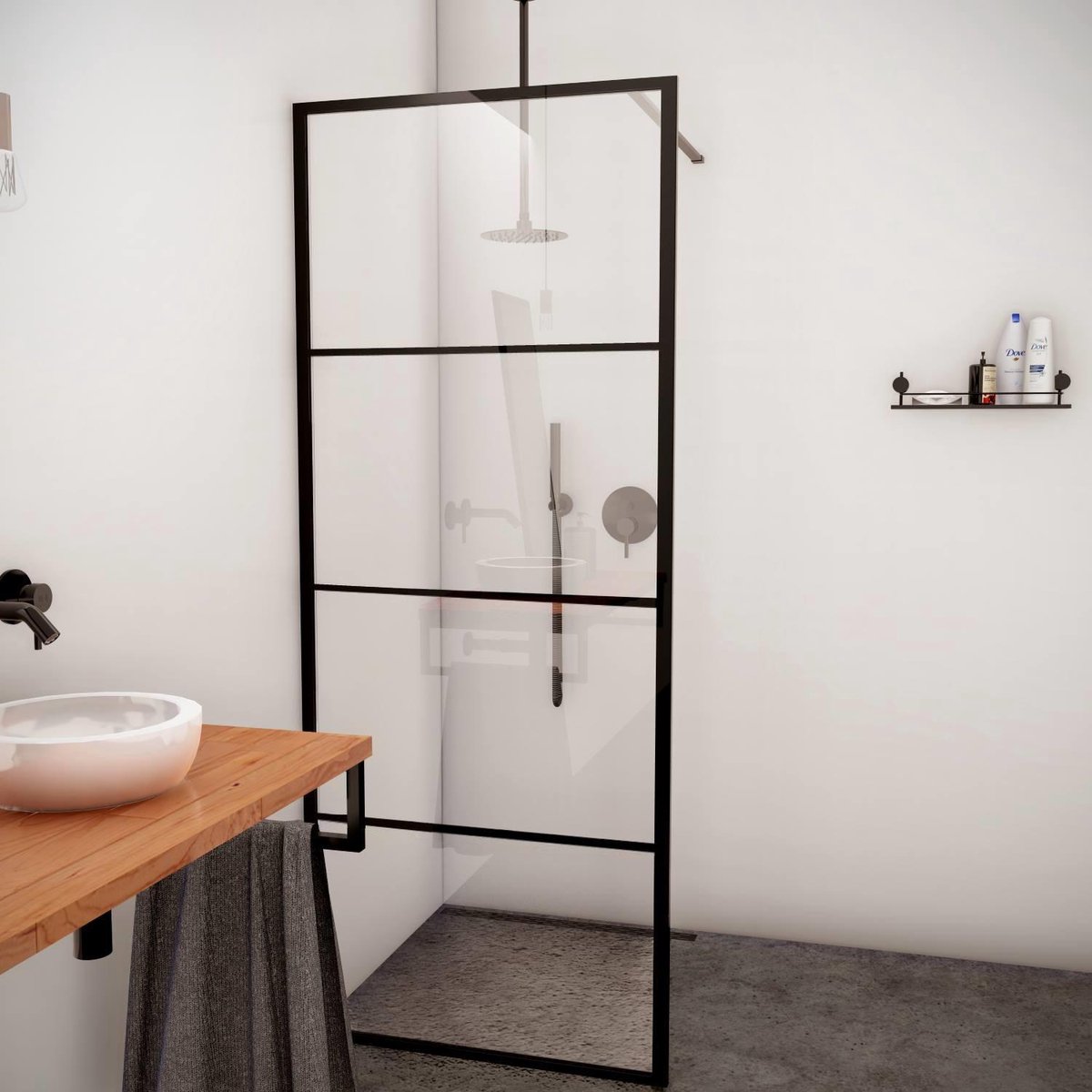 Aqua Vista Triple Zijwand - 60x200 cm - incl. wandbeugel - helder glas - mat zwart