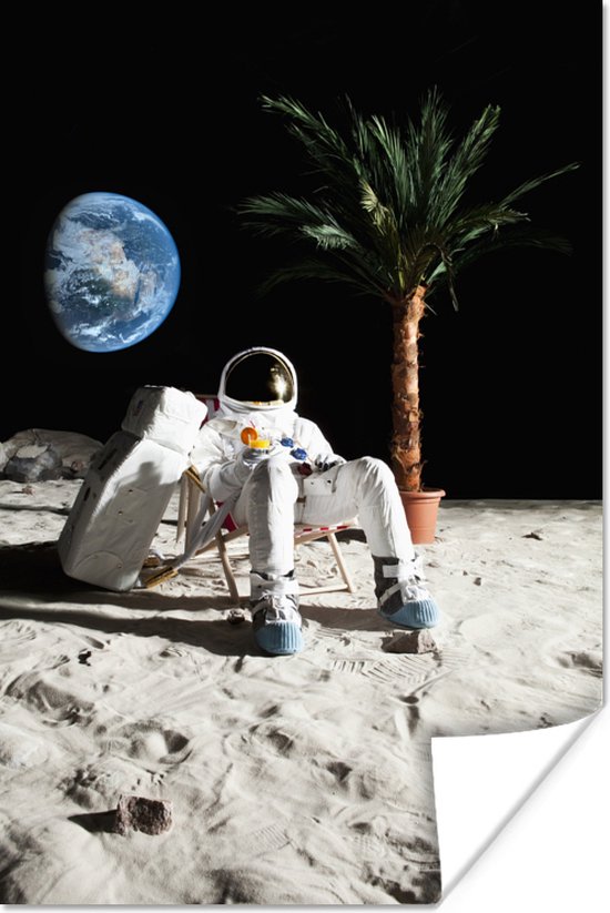 Poster Astronaut - Maan - Palmboom - Ligstoel - 20x30 cm