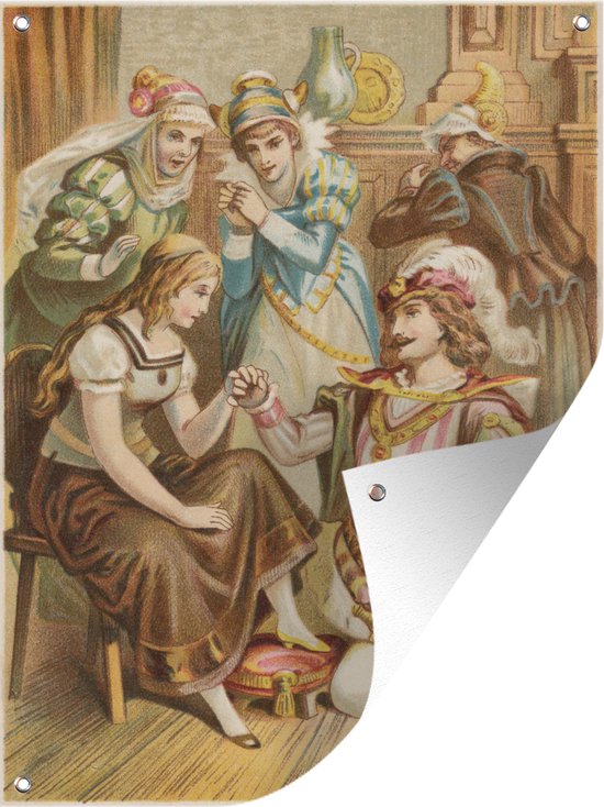 Tuinschilderij De geïllustreerde prins probeert de schoen op de prinses haar voet - 60x80 cm - Tuinposter - Tuindoek - Buitenposter