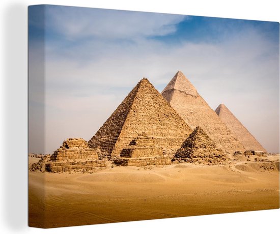 Canvas schilderij 180x120 cm - Wanddecoratie Het grote Piramidecomplex van Giza in Egypte - Muurdecoratie woonkamer - Slaapkamer decoratie - Kamer accessoires - Schilderijen