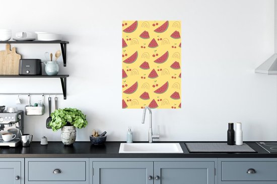 Abstrait melons et cerises sur fond jaune Poster papier 60x90 cm - Tirage photo sur Poster (décoration murale salon / chambre)