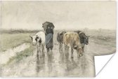 Boerin met koeien op een landweg in de regen - Schilderij van Anton Mauve Poster 120x80 cm - Foto print op Poster (wanddecoratie woonkamer / slaapkamer)