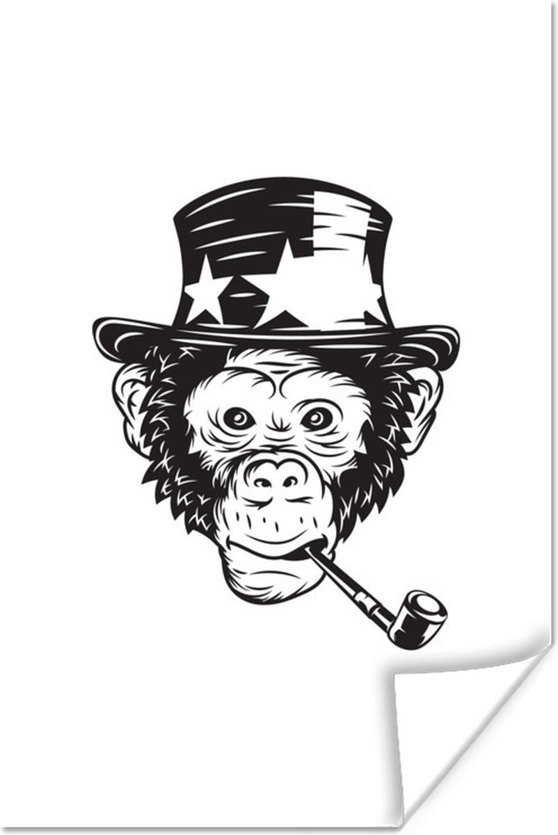 Illustration de singe avec pipe et chapeau poster papier 60x90 cm - Tirage  photo sur... | bol.com