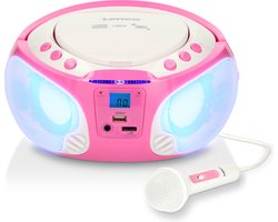Lenco SCD-650PK - Draagbare radio CD speler met karaokemicrofoon en LED - Roze