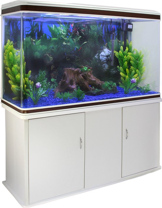 Aquarium 300 L wit starterset incl. meubel - blauw grind - 120.5cm x 39 x 143,5