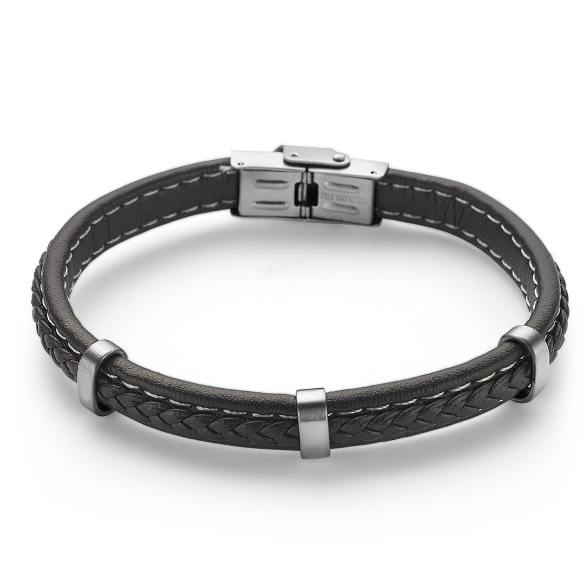 Twice As Nice Armband in edelstaal, bruin leer bruin 21cm