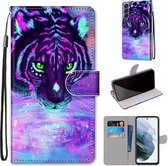 Voor Samsung Galaxy S21 FE Gekleurde Tekening Cross Textuur Horizontale Flip PU Lederen Case met Houder & Kaartsleuven & Portemonnee & Lanyard (Tijger Drinkwater)