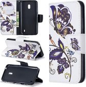 Gekleurde tekening patroon horizontale flip lederen tas met houder & kaartsleuven & portemonnee voor Nokia 2.2 (witte vlinder)