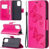 Voor Xiaomi Redmi Note 10 4G / Note 10s Two Butterflies Embossing Pattern Horizontale Flip lederen tas met houder & kaartsleuf & portemonnee & lanyard (Rose Red)